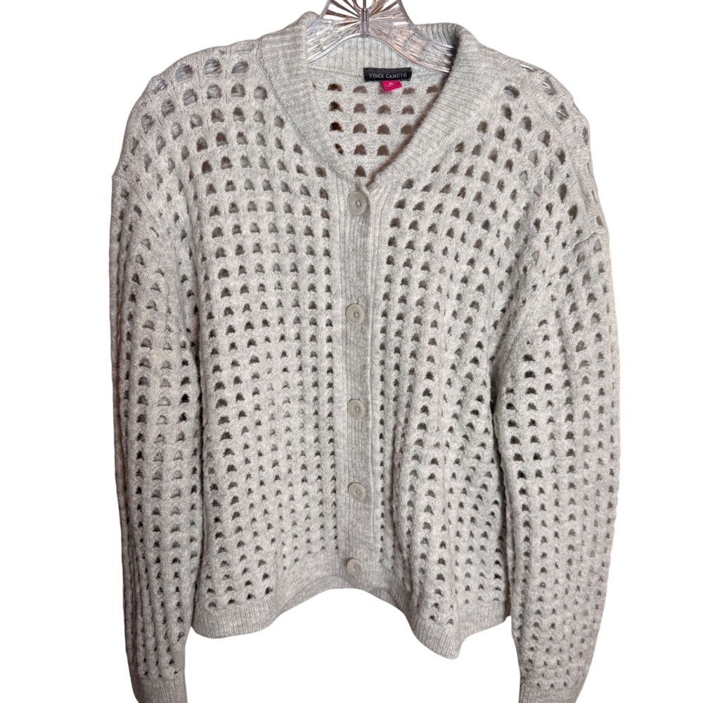 Vince Camuto Cardigan Women XL Gray Acrylic Blend Pointelle Open Knit Sweater